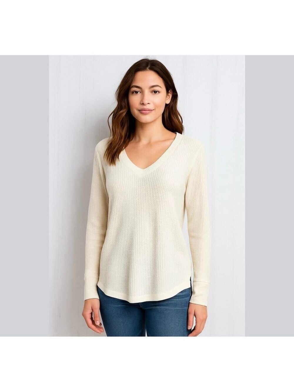 Maeve Anthropologie Size Medium Pearson Waffle Top Ivory V-Neck Long Sleeve